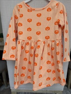 Cat & Jack Girls Peach Pumpkin Print Long Sleeve Dress